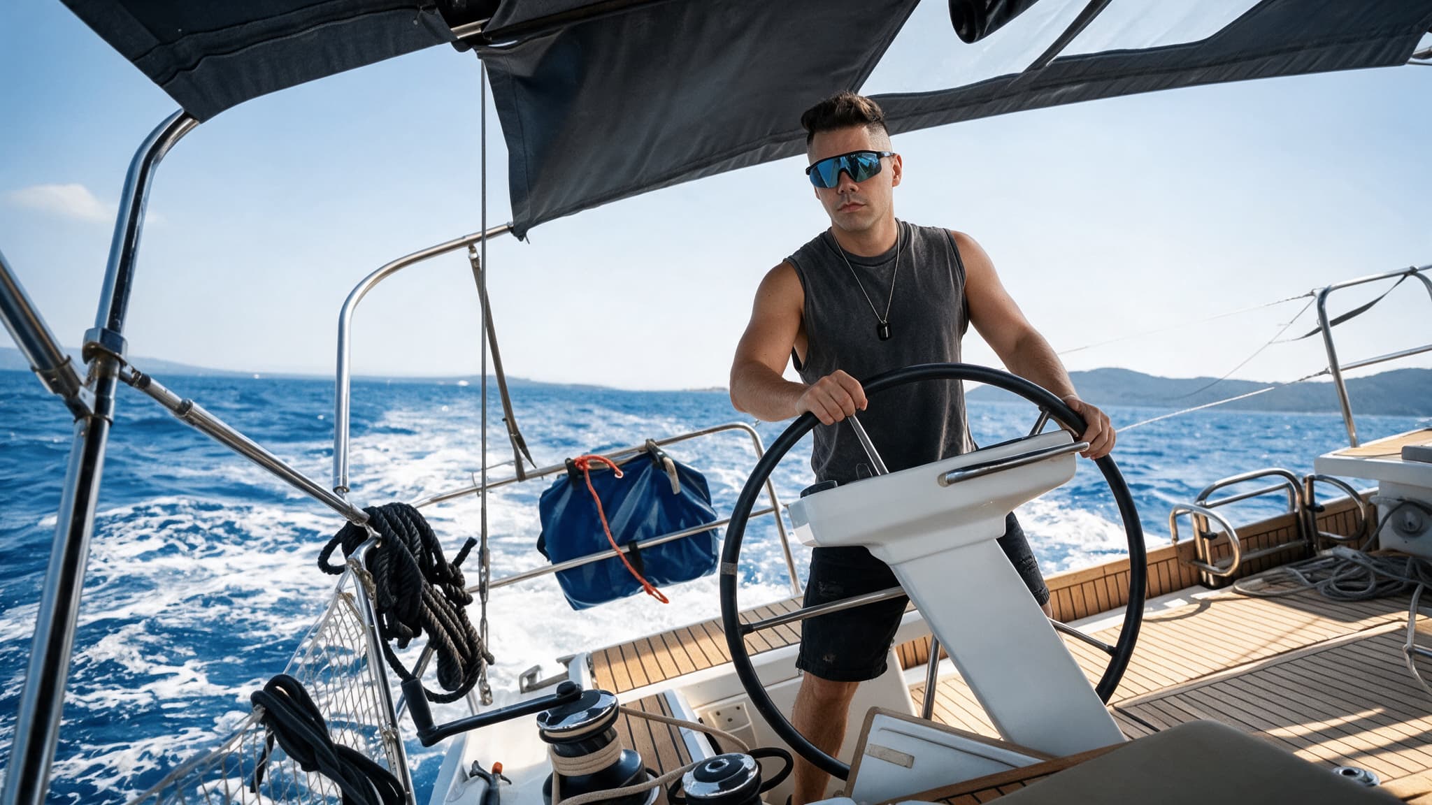 Luca Larice al timón de un velero